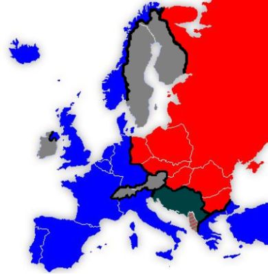 Ilustração da divisão do espaço europeu pela Cortina de Ferro