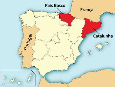 Mapa de localização da Catalunha e do País Basco na Espanha