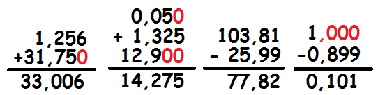 Exemplos de adição e subtração com números decimais