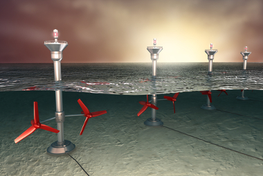 Ilustração de turbinas instaladas no mar para a geração de enrgia maremotriz